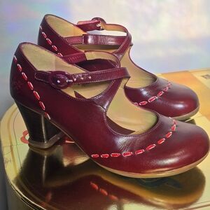 John Fluevog Burgundy Operetta Malibran Mary Jane Heels with Red Stitching